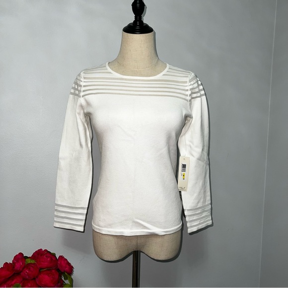 Eliza J Ivory Mesh Insert 3/4 Sleeves Knit Top- New With Tag - Size Medium - Picture 7 of 14